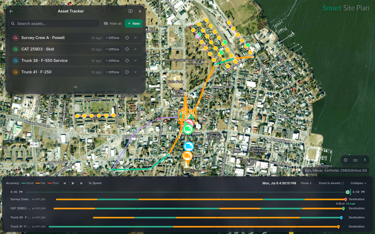 The Asset Tracker following trucks and crews live over the distribution network with position history trails