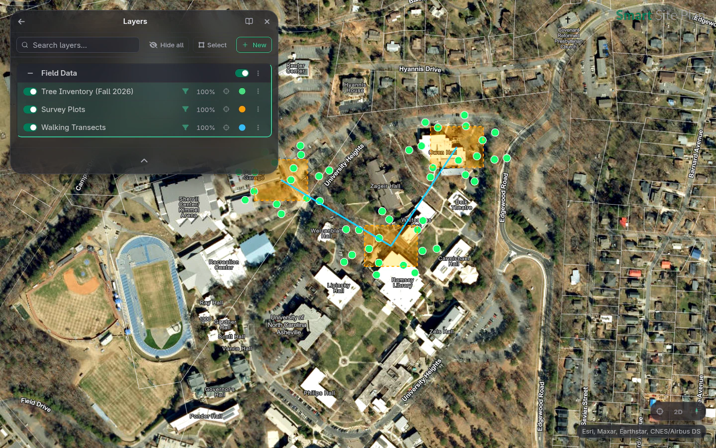 A campus tree inventory: tagged trees, survey plots, and walking transects collected by student teams, in the Layers panel