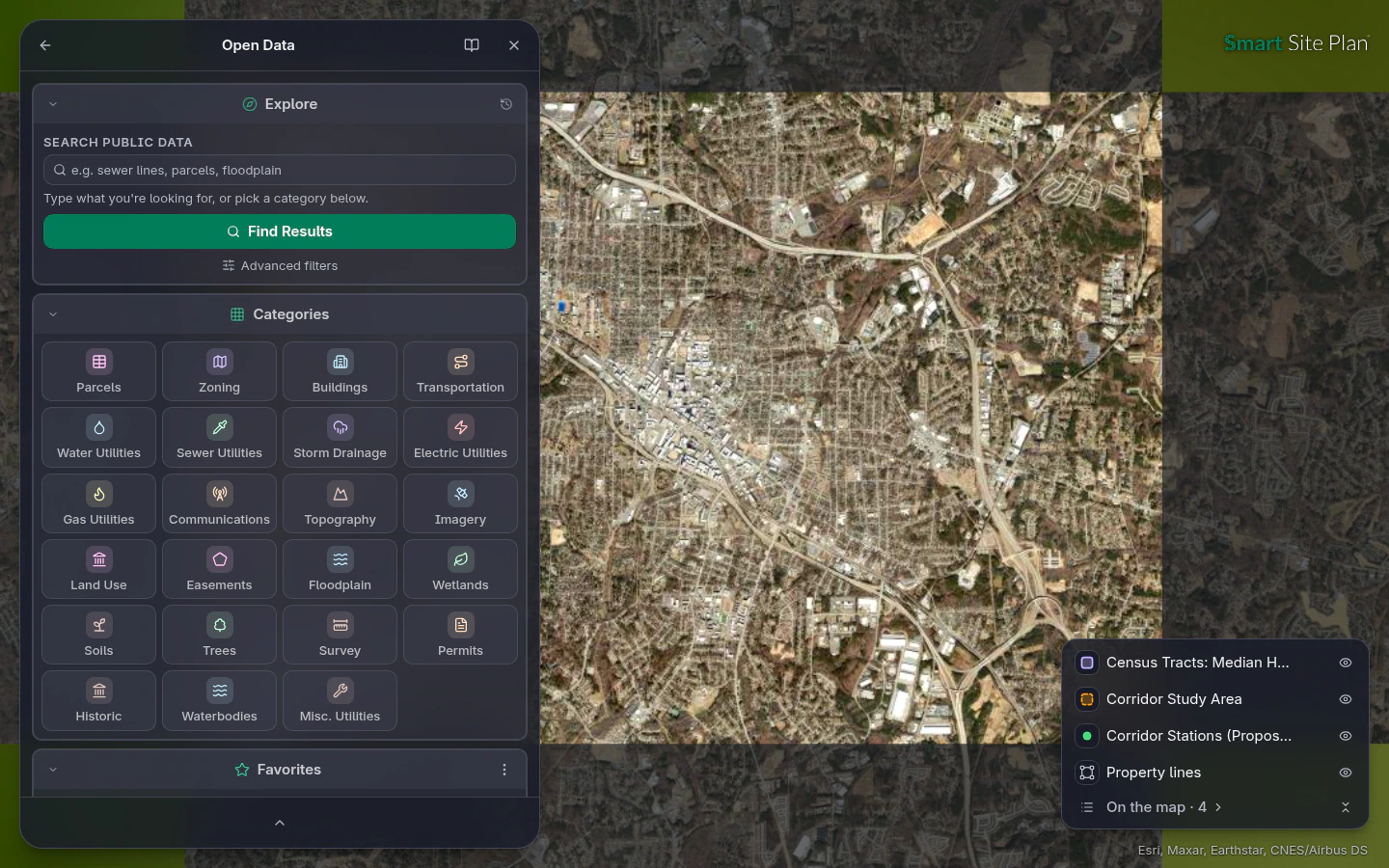 The Open Data catalog over the Durham corridor study area, adding Census ACS tract layers to the research map