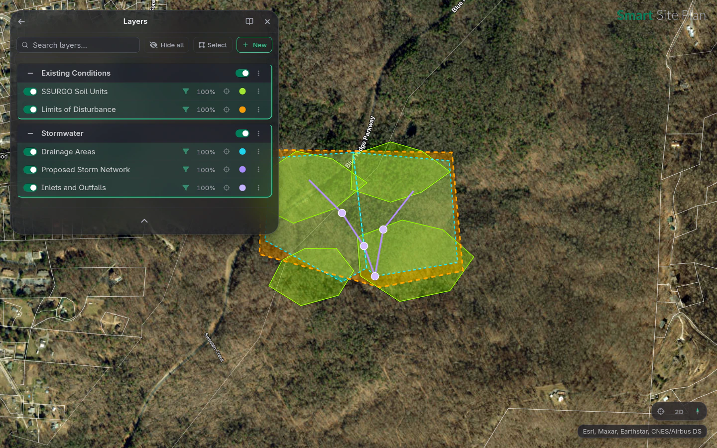 An existing-conditions base map on the reclaimed quarry pad: soil units, drainage areas, the proposed storm network, and limits of disturbance