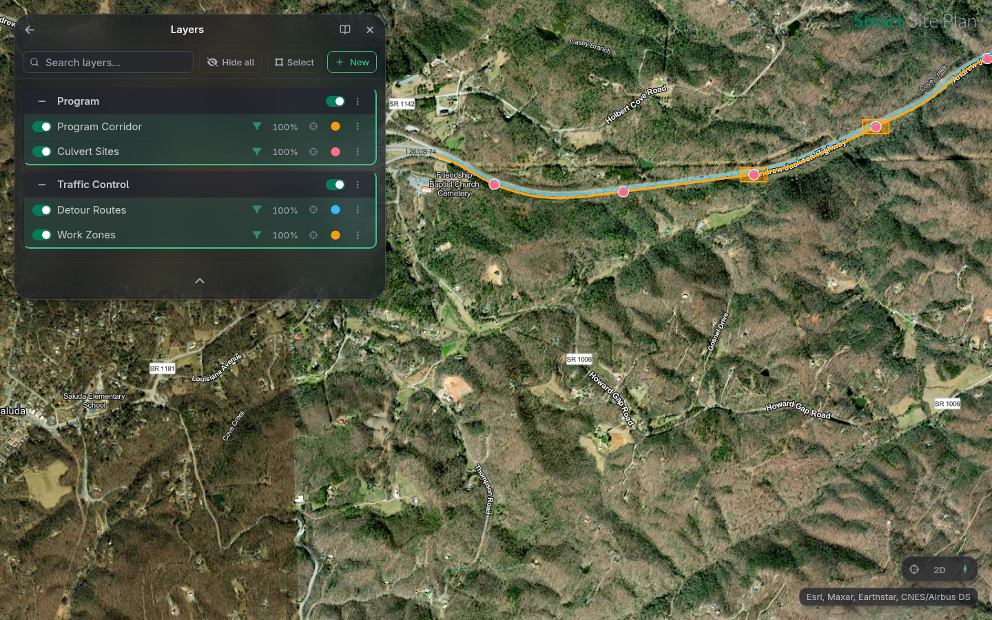 A six-structure culvert replacement program: sites along the real corridor, detour routes, and work zones in the Layers panel