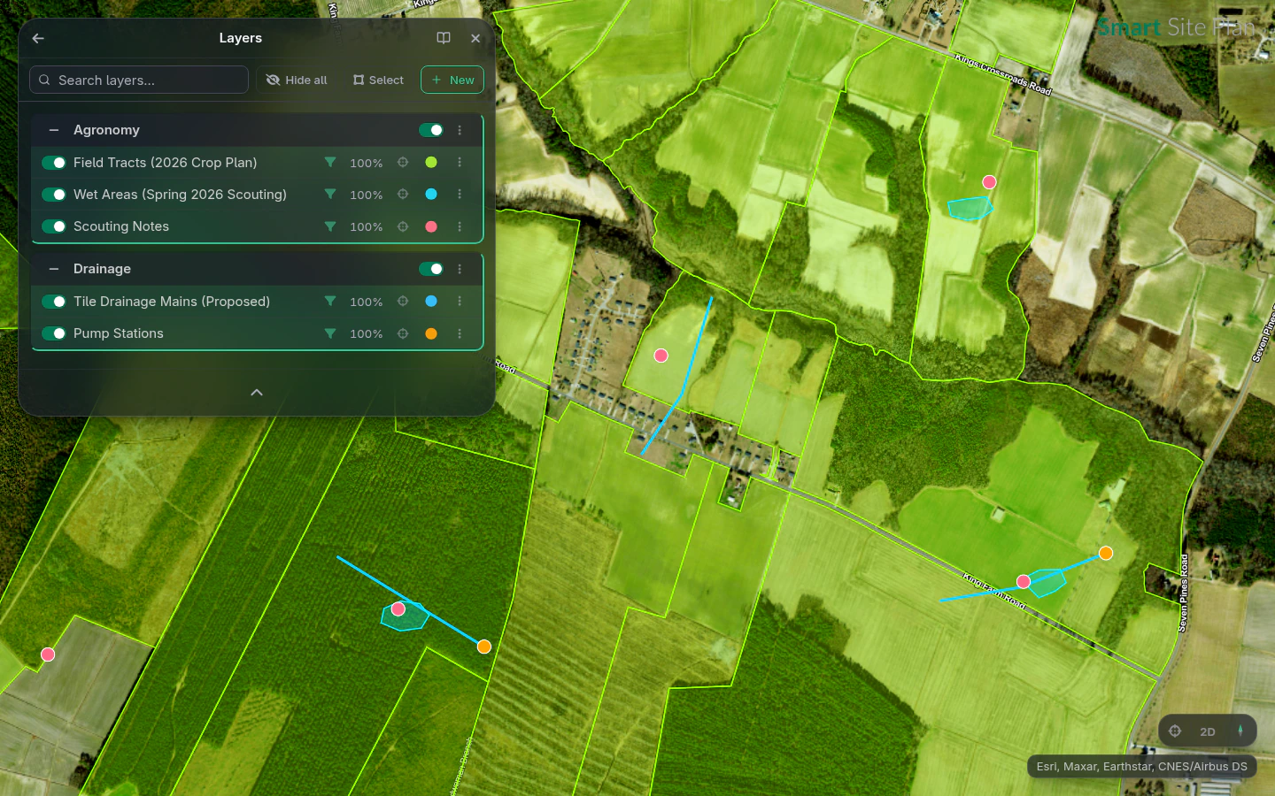 Farm field tracts colored by 2026 crop over satellite imagery, with tile drainage mains, wet areas, and scouting notes in the Layers panel