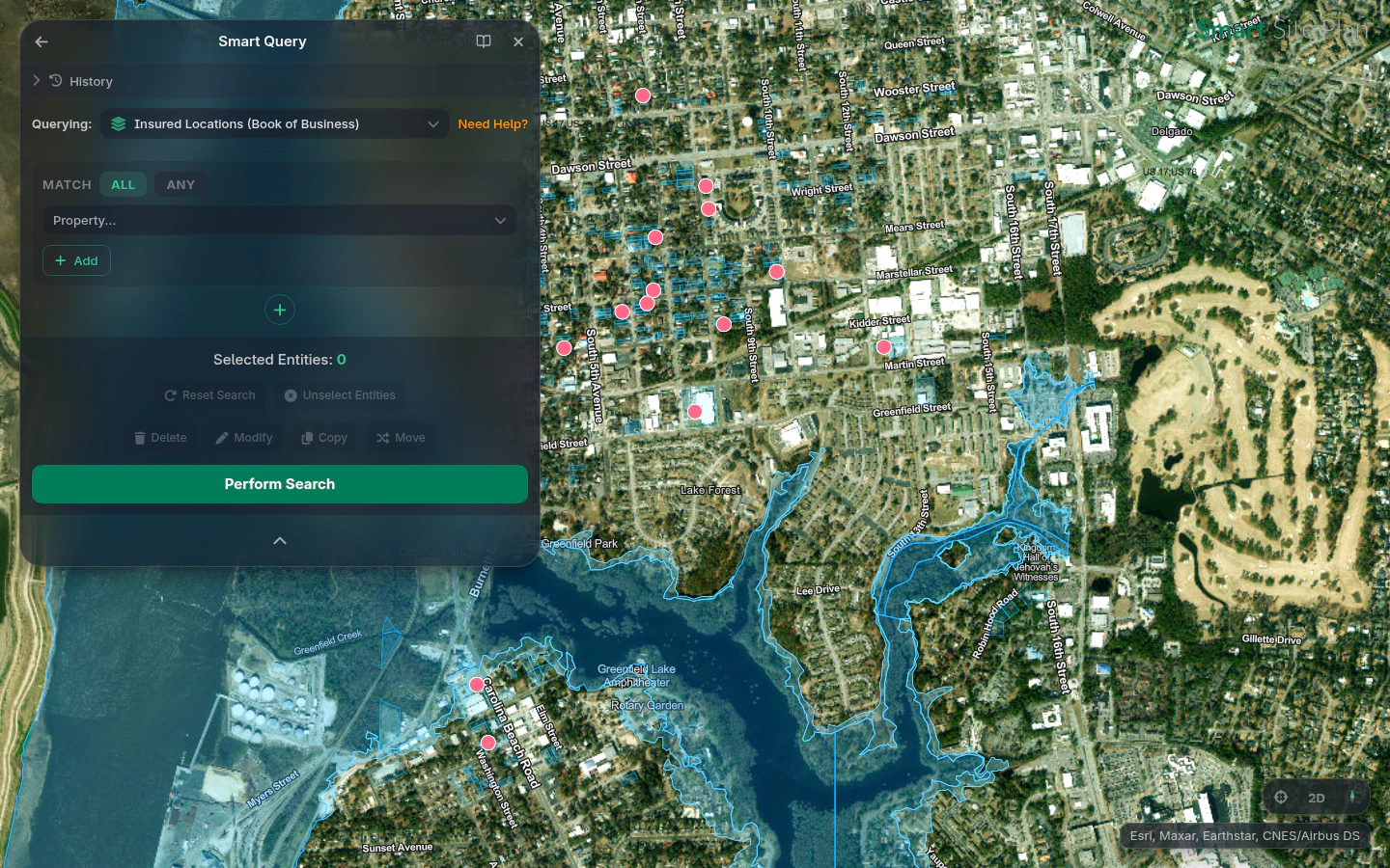 Smart Query over a coastal book of business: insured locations and parcels against FEMA NFHL flood zones