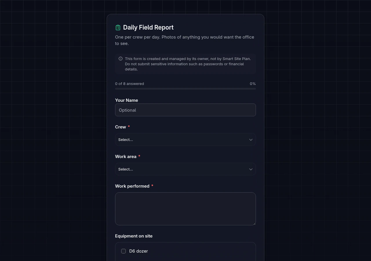 A public Daily Field Report form: structured questions with photo and location capture, no sign-in required