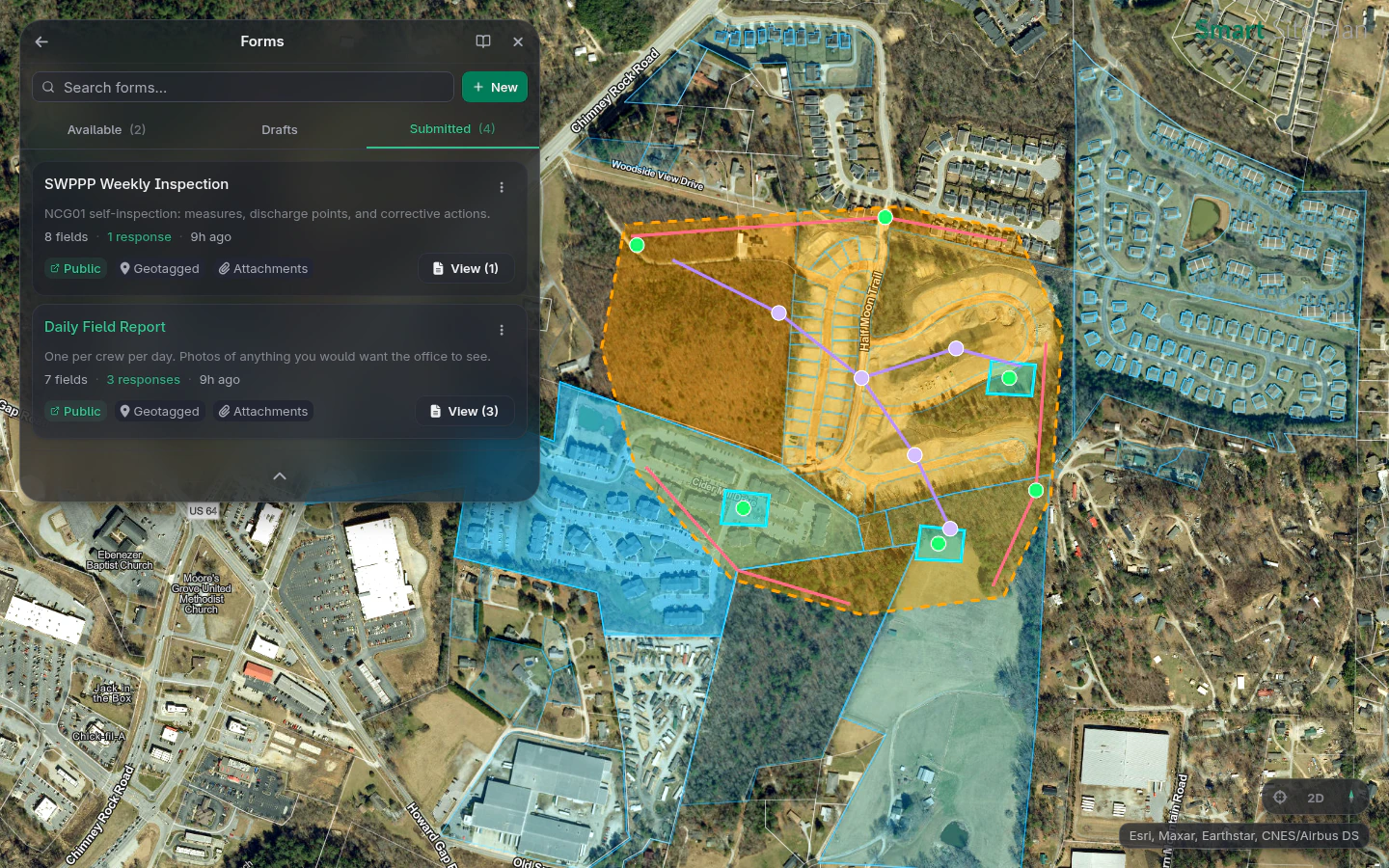 Reviewing field form submissions beside the project map