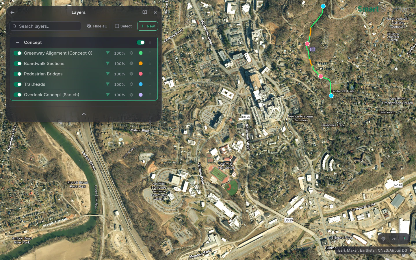A greenway concept following the real creek: alignment, boardwalk sections, pedestrian bridges, and trailheads in the Layers panel