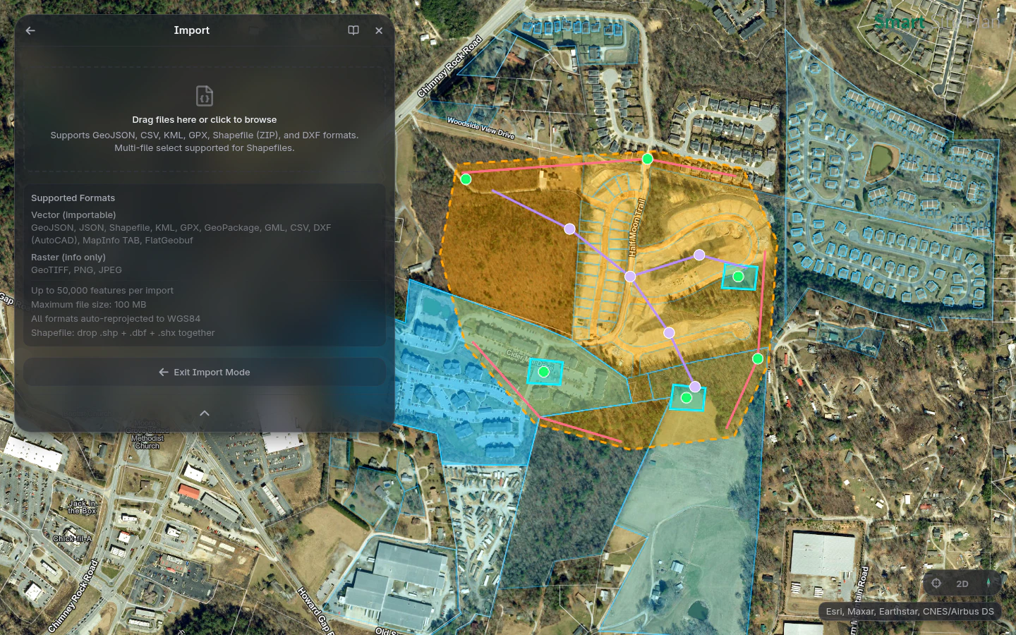 The Import panel accepting GeoJSON, Shapefile, KML, DXF, and more, converted in the browser