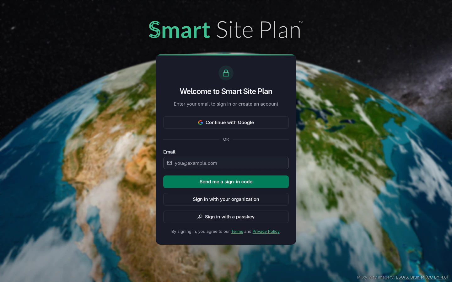 Smart Site Plan sign-in: email code, Google, passkeys, or organization SSO