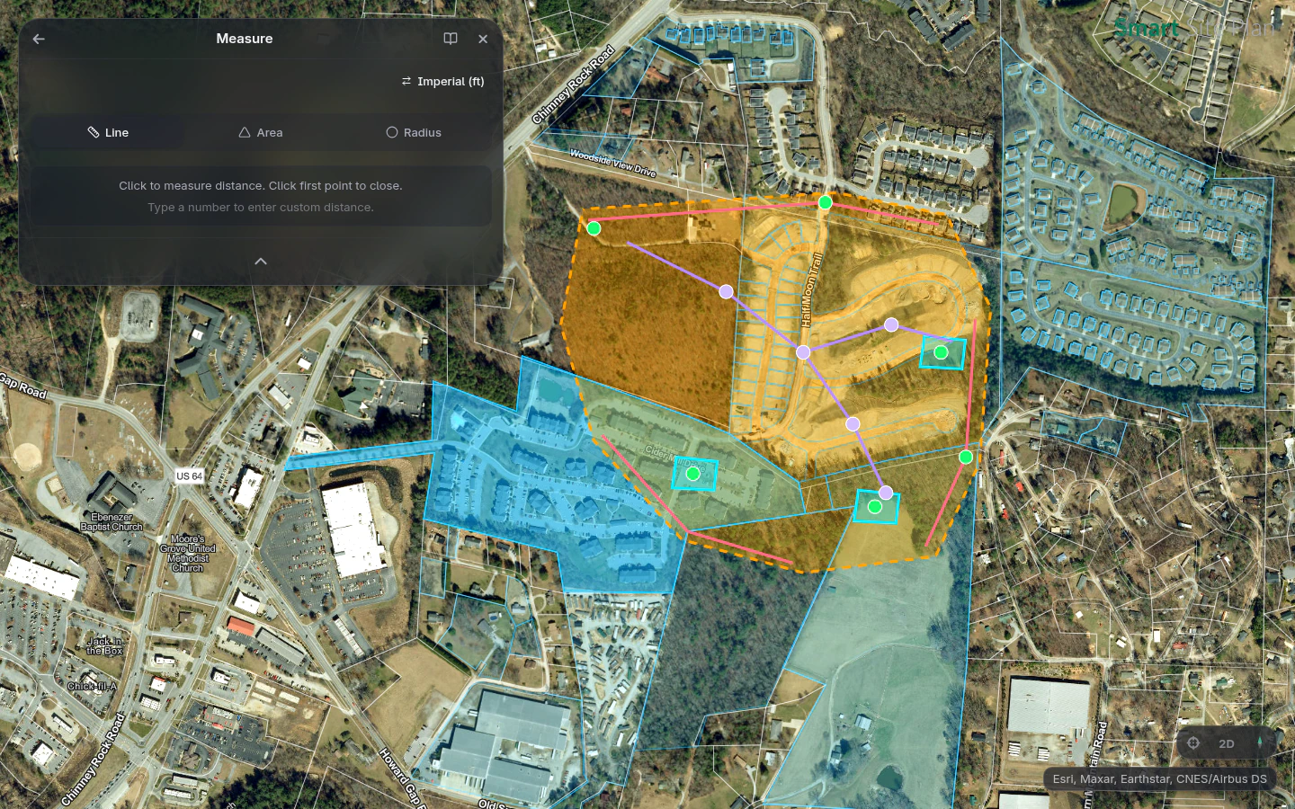 Measuring a graded pad on the site with the measure tool's live distance and area readout
