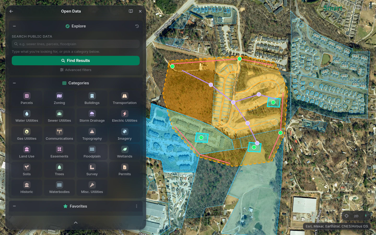 The Open Data panel searching public datasets, with live result cards over the project map