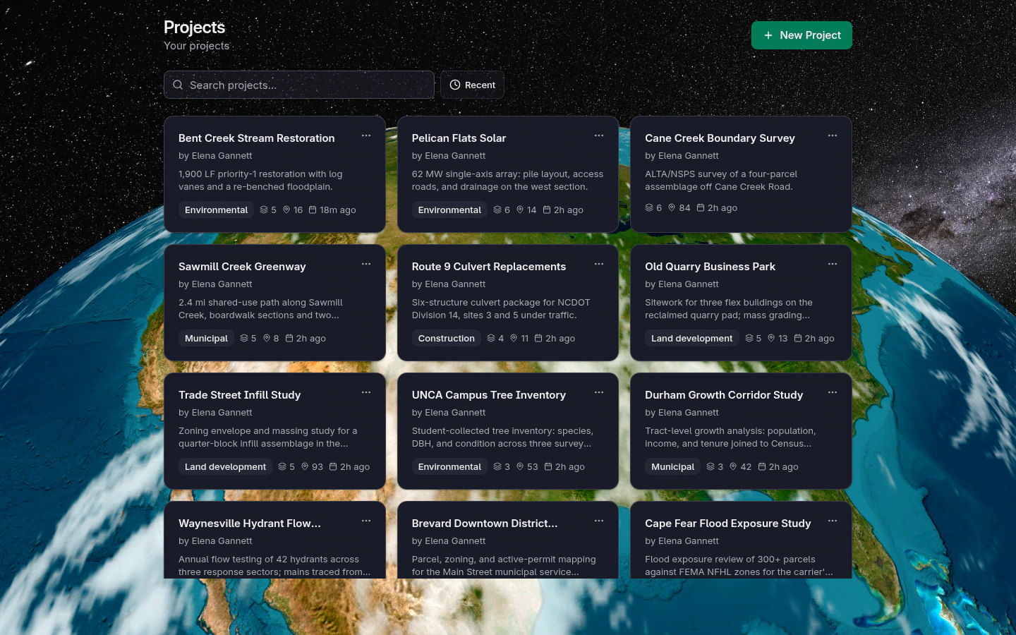 The Projects board of a civil firm: seventeen live jobs with members, layers, and last activity