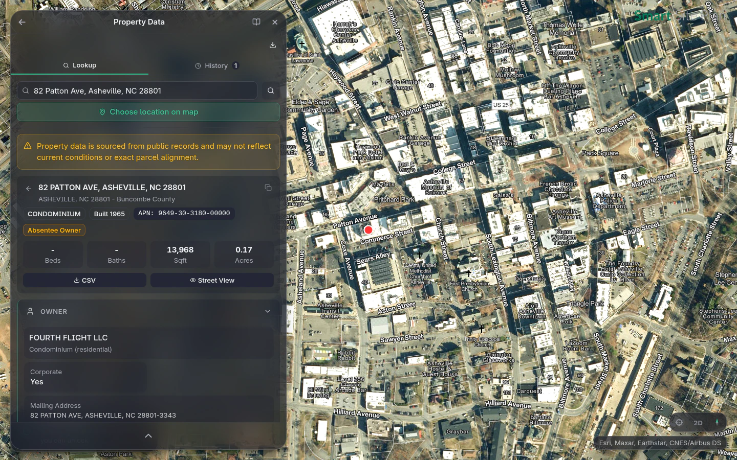 The Property panel showing owner, building specifications, sale history, and parcel records for a looked-up property