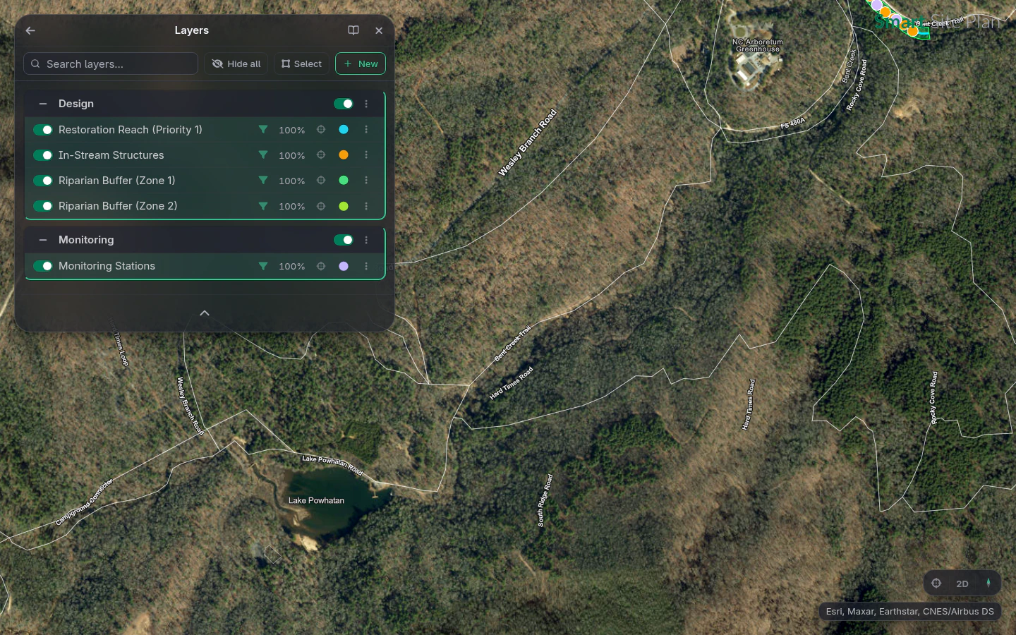 A stream restoration design on the real Bent Creek flowline: in-stream structures, riparian buffer zones, and monitoring stations