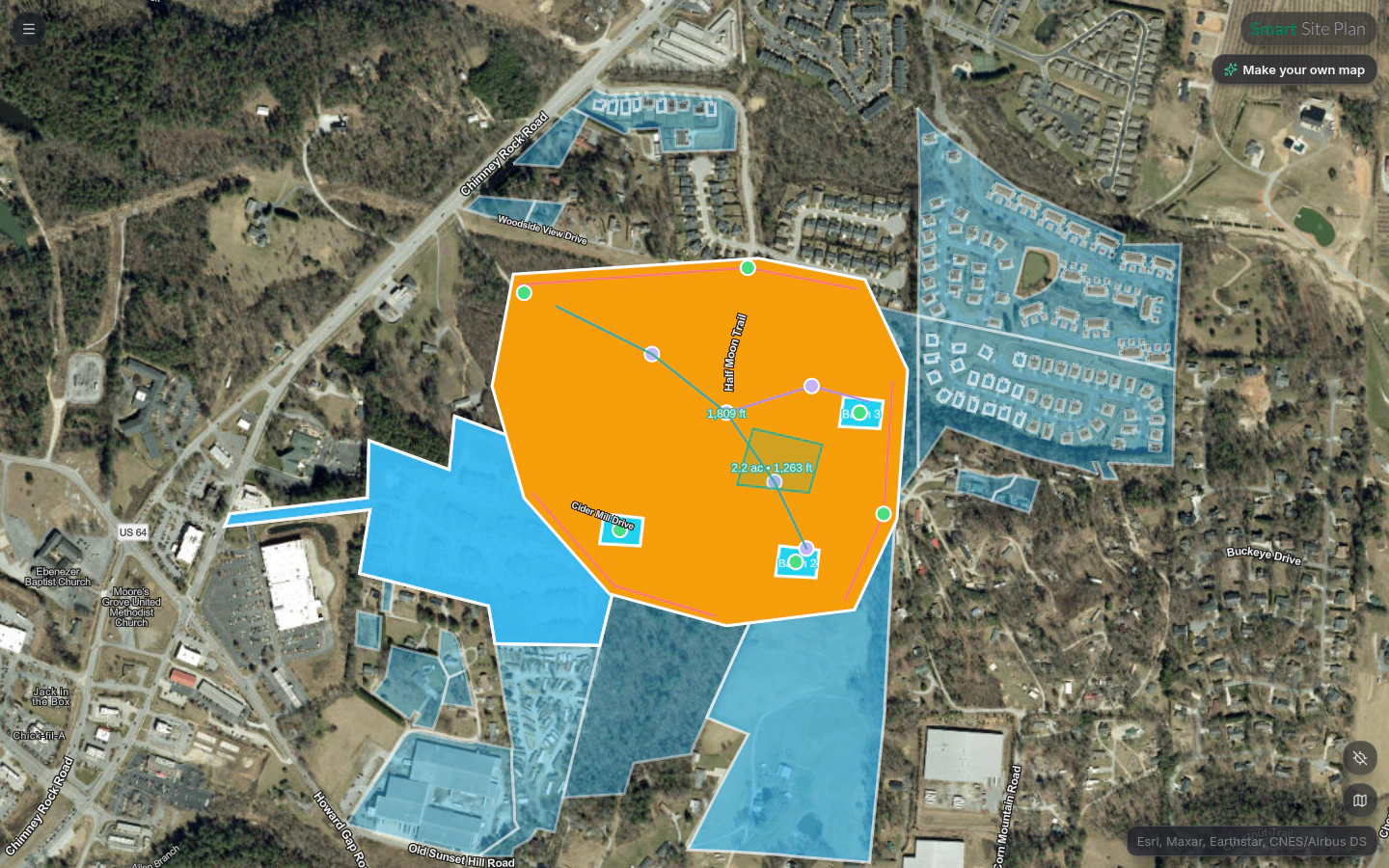 The shared map a client opens from a link: read-only layers over the site, no account needed