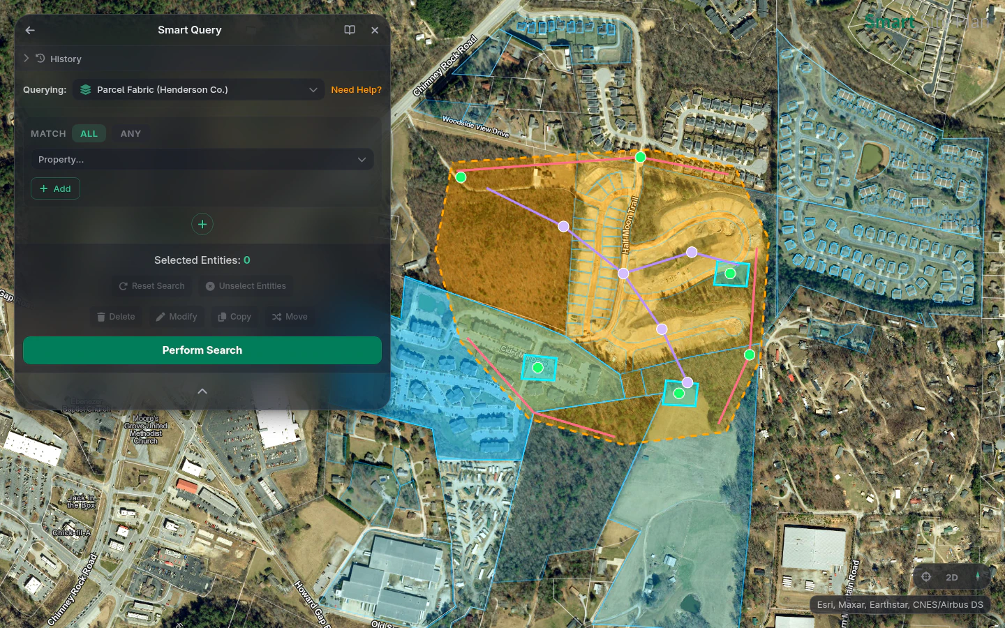Smart Query building a no-code attribute filter with matching features highlighted on the map