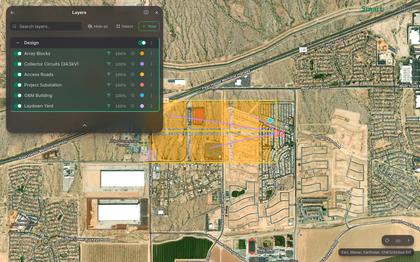 A utility-scale solar build: array blocks by construction status, collector circuits, access roads, and the project substation in the Layers panel