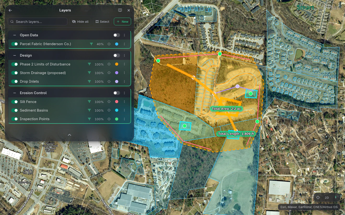 Smart Site Plan workspace: the Layers panel with grouped construction layers over satellite imagery of an active grading site