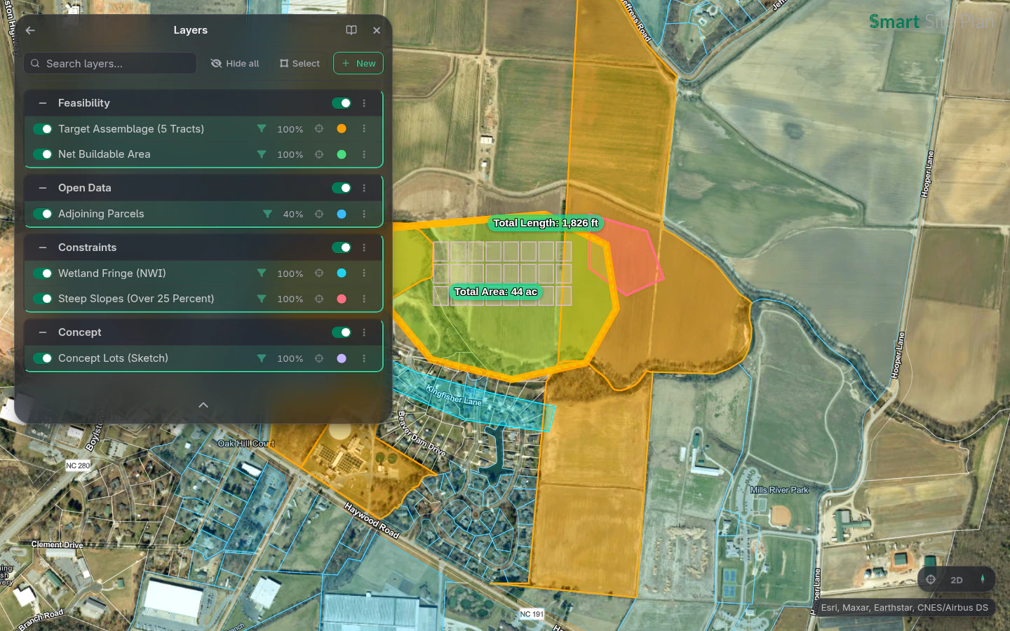 A five-parcel assemblage with wetland and slope constraints, the traced net buildable area, and sketched concept lots in the Layers panel