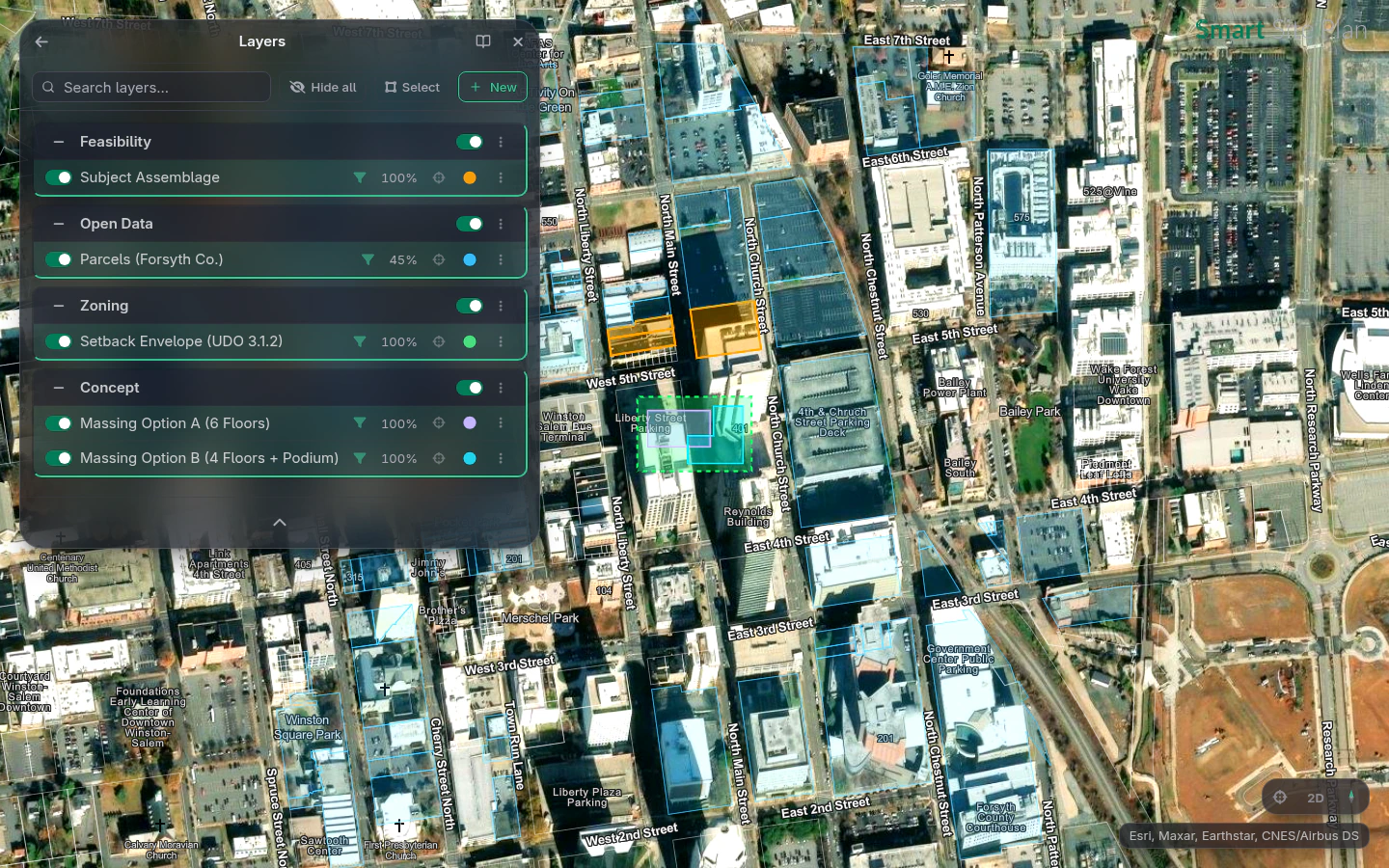 A downtown infill study: the subject assemblage, setback envelope, and two massing options over county parcels in the Layers panel