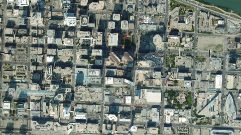 A low-resolution standard basemap of downtown Calgary, AB on the Bow River
